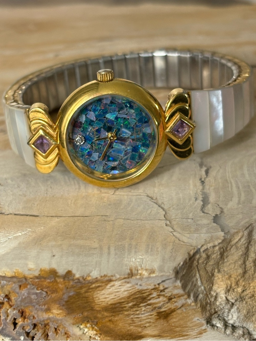 Mother-of-Pearl Band Amethyst Crystal Gold Tone Vintage Watch Bracelet